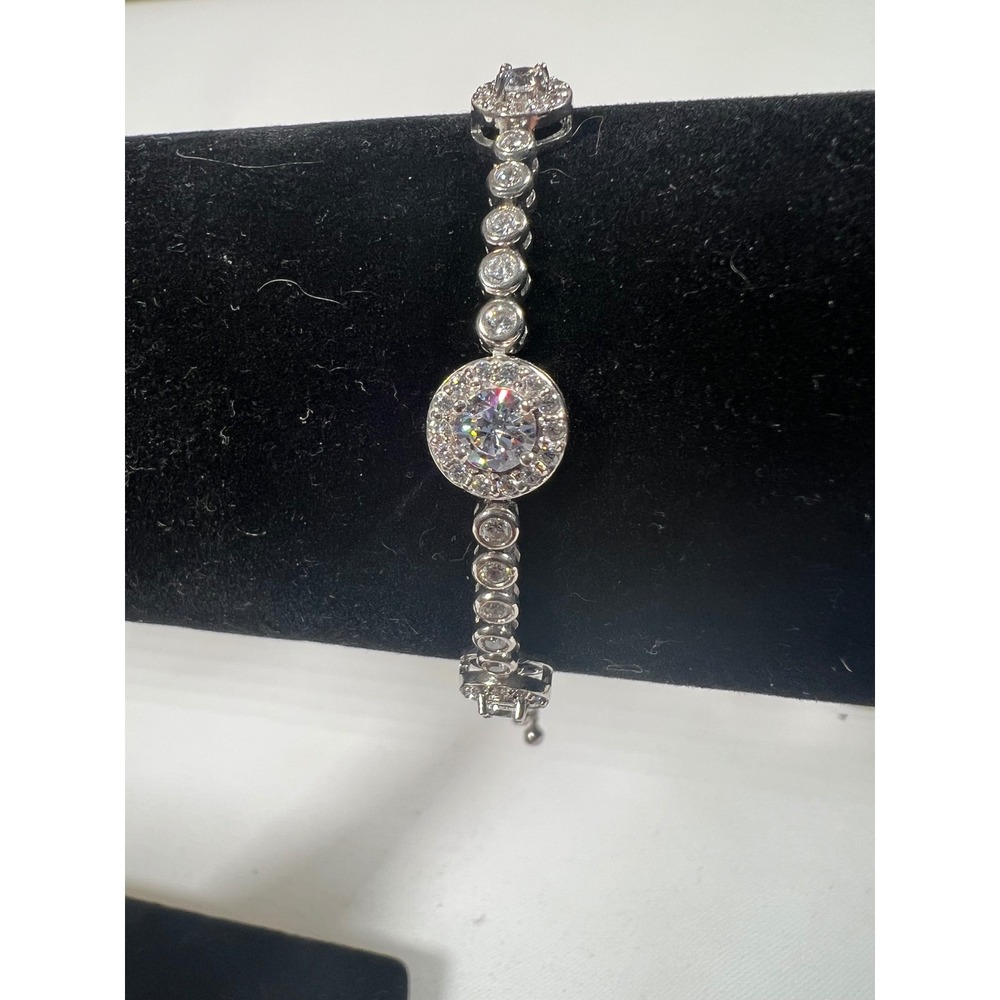 Sterling Silver Cubic Zirconia Halo Adjustable Bolo Bracelet Box Chain 925 Thai
